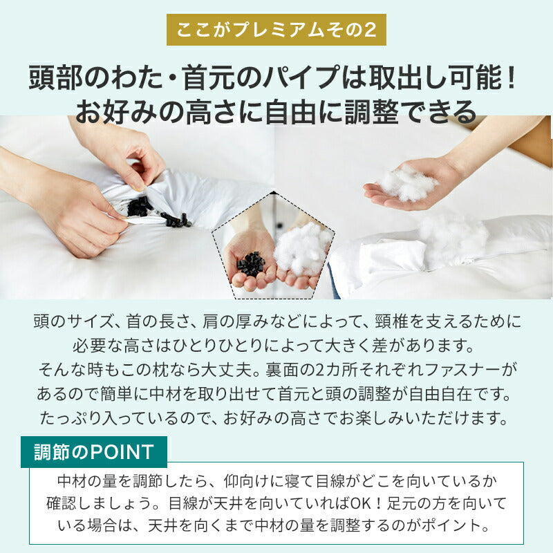 枕 まくら マクラ プレミアムストレートネック枕 パイプ枕 綿100％ 通気性 吸汗 高さ調整 洗える ストレートネック 肩こり 首こり 頸椎サポート ギフト プレゼント お中元