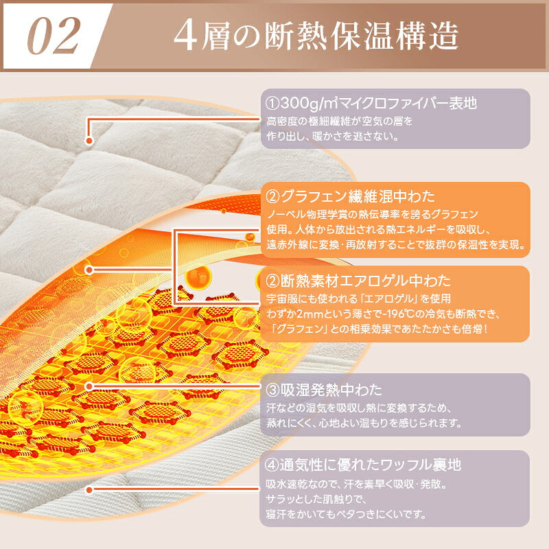 敷きパッド 4層式 あったか シングル グラフェン綿入り 遠赤外線 吸湿発熱 宇宙服素材 エアロゲル 洗える セミダブル ダブル 厚手 柔らか 敷パッド 敷きパット 静電気防止 ベッドパッド ベッドシーツ 抗菌防臭 防ダニ 冬 冬用