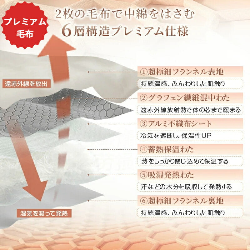 2枚合わせ 毛布 あったか シングル 厚手 ボリューム 炭素素材 グラフェンわた入り 遠赤外線 吸湿発熱 洗える 抗菌防臭 防ダニ フランネル もうふ 掛け毛布 ブランケット 静電気防止 襟付き 無地 おしゃれ 可愛い 冬用